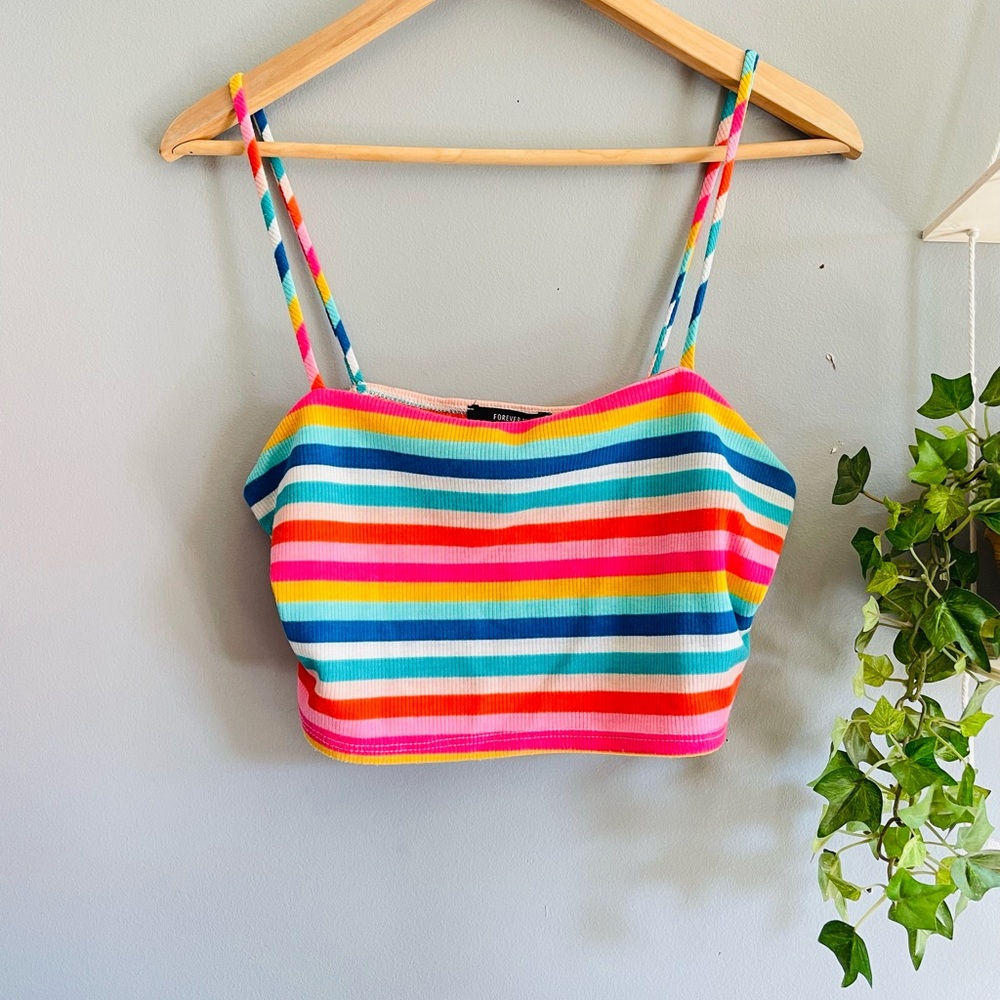 Forever 21 Striped Rainbow Cropped Tank Top Size Large